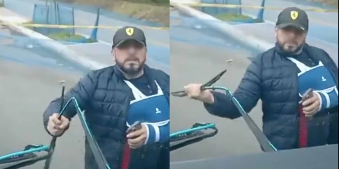 Con el brazo enyesado, hombre furioso dañó parabrisas de bus. Quedó en video